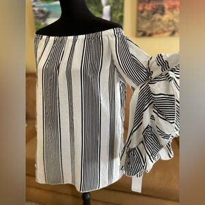 Fever Black and White Striped Off-Shoulder Top NWT Small